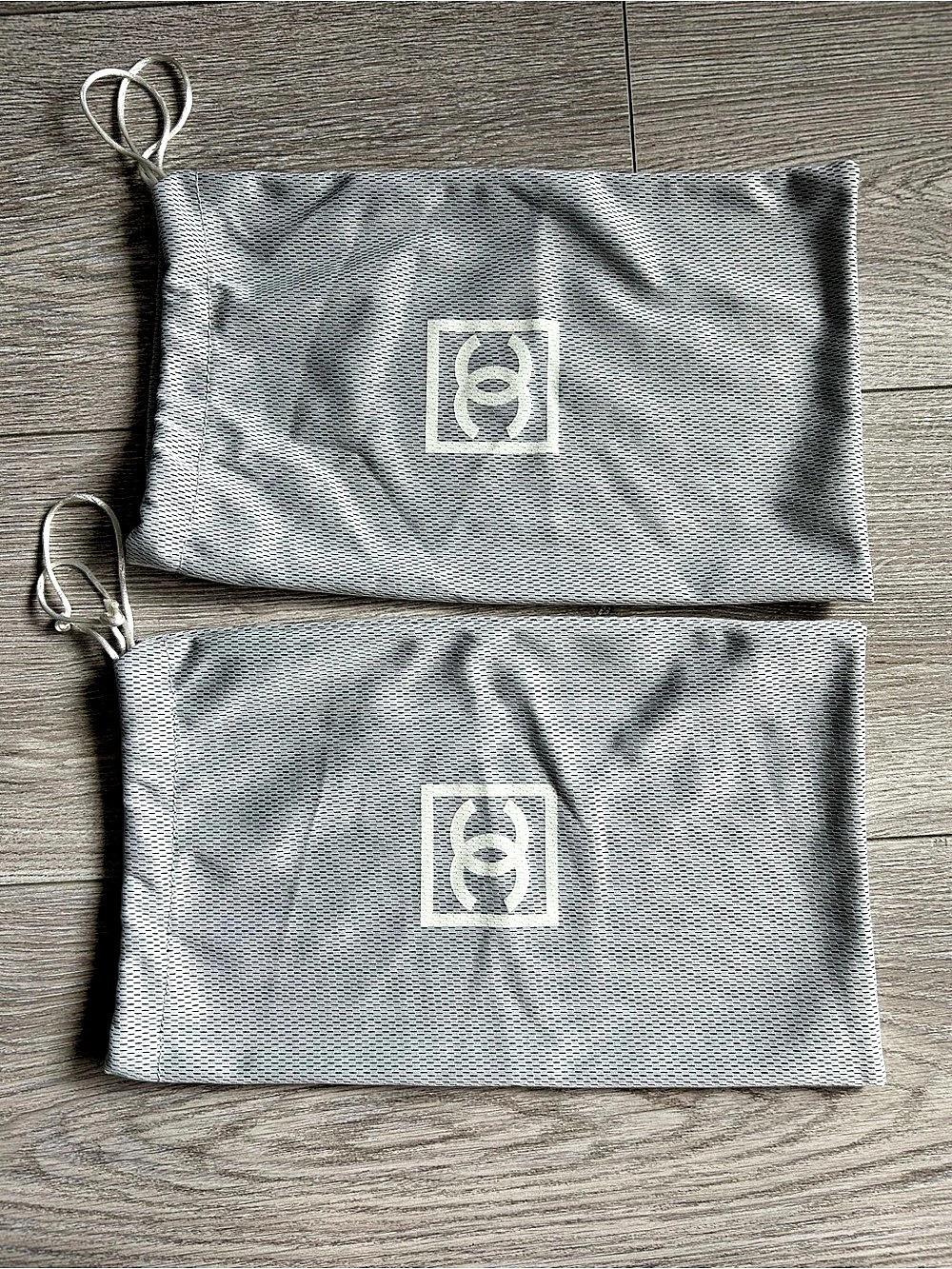 Chanel Grey Mesh Drawstring Dust Bag Set Gray & Black